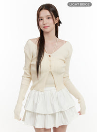 cable-knit-v-neck-cardigan-og428 / Light beige