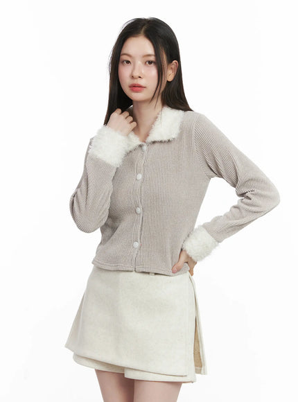 faux-fur-trim-knit-cardigan-cj506 / Light beige