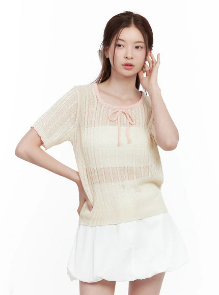 sheer-knit-tie-sweater-top / Light beige