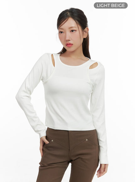 layered-cutout-long-sleeve-top-cs405 / Light beige