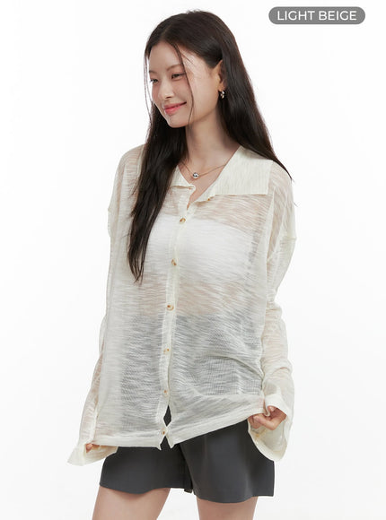 sheer-button-collar-long-sleeve-ol416 / Light beige