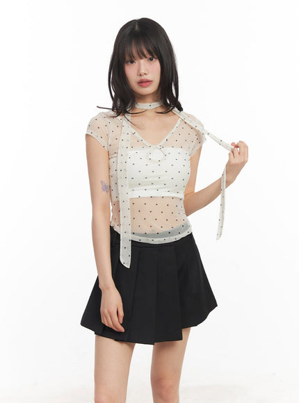 sheer-polkadot-crop-top-with-scarf-ca522 / Light beige