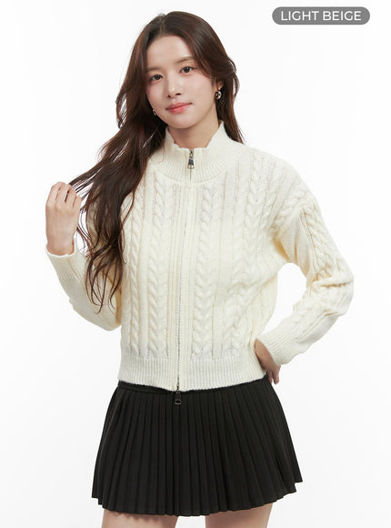 cable-knit-zip-up-crop-cardigan-oo421 / Light beige