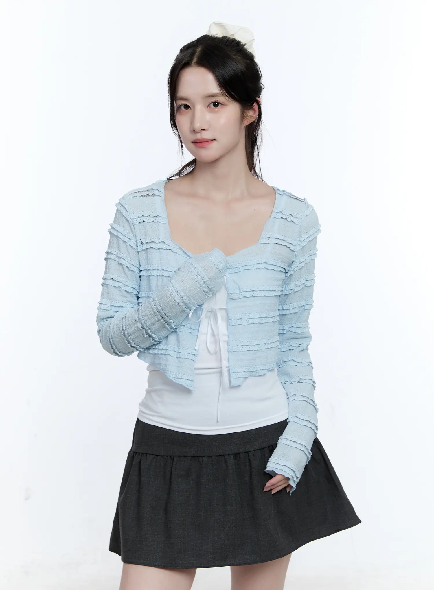 elegant-sheer-frill-ribbon-cardigan-cg514 / Light blue
