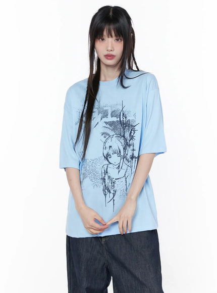 Casual Graphic Short Sleeve Top CU519 in Light blue, size M/L