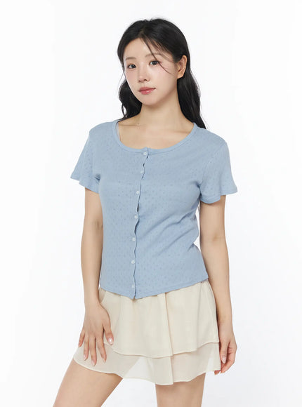 short-sleeve-pointelle-cardigan-cy522 / Light blue