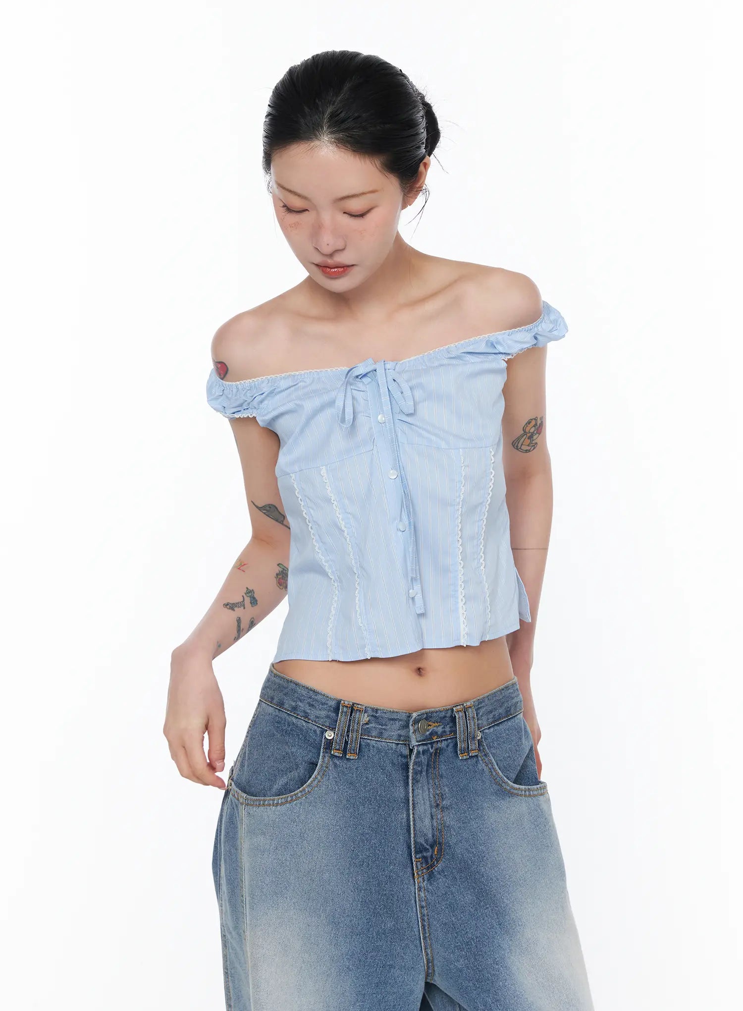 striped-off-shoulder-blouse-ca524 / Light blue