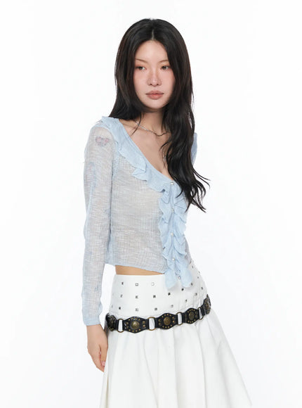 sheer-ruffle-faux-pearl-cardigan-ca527 / Light blue