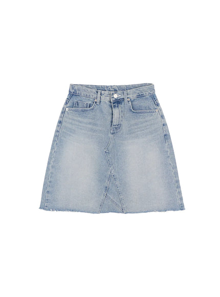 frayed-hem-denim-midi-skirt-cl529 / Light blue