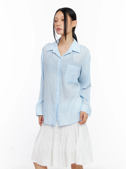 sheer-long-sleeve-button-down-shirt-cl529 / Light blue