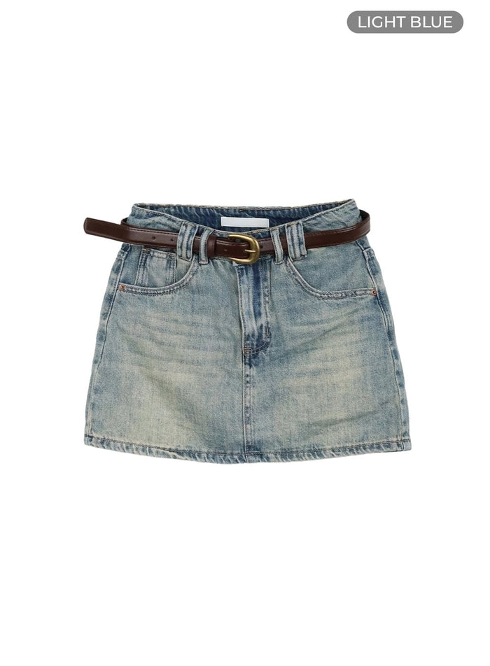 vintage-washed-denim-mini-skirt-with-belt-cy420 / Light blue