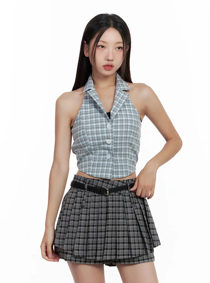 plaid-button-halter-tank-cl508 / Light blue