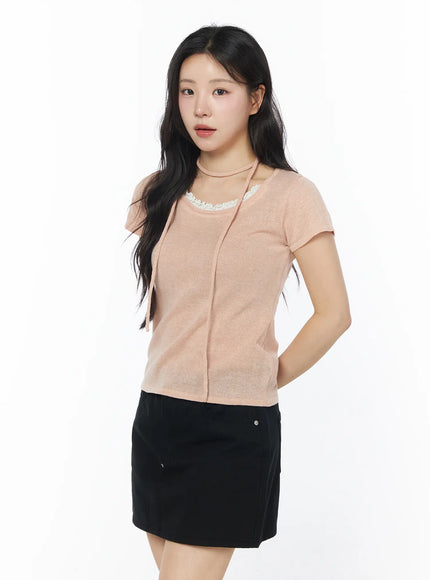 sheer-short-sleeve-top-and-scarf-cy522 / Light pink