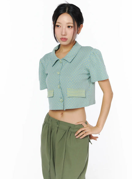 collared-polka-dot-crop-cardigan-cu512 / Mint