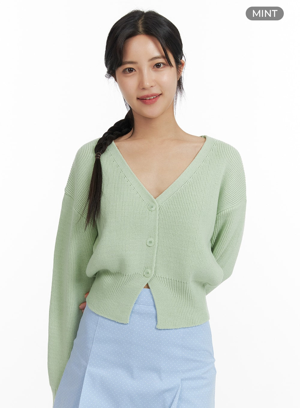 v-neck-buttoned-crop-cardigan-of422 / Mint