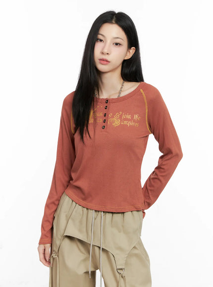 tattoo-graphic-u-neck-long-sleeve-tee-cg526 / Orange