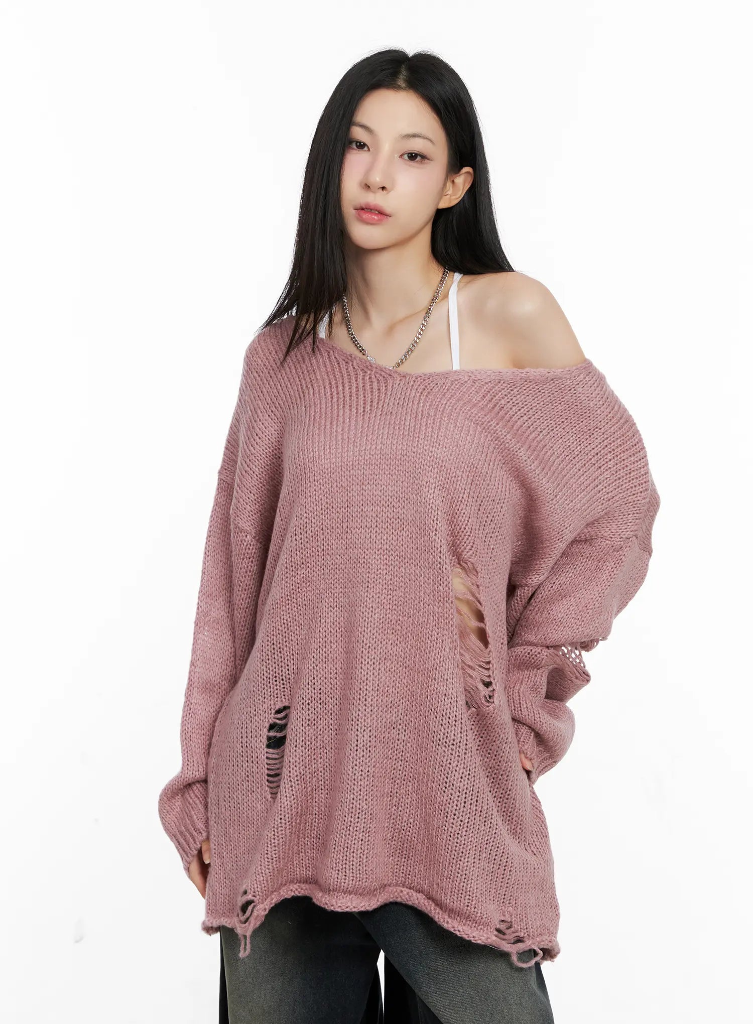 distressed-loose-knit-sweater-cg522 / Pink