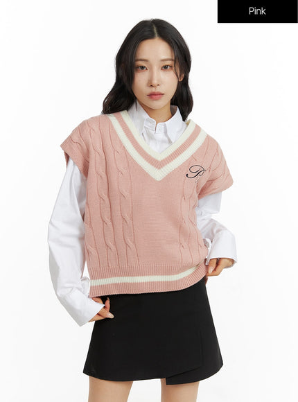cable-knit-v-neck-vest-sweater-cf415 / Pink