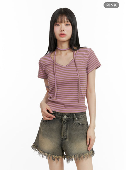 stripe-v-neck-t-shirt-cl401 / Pink