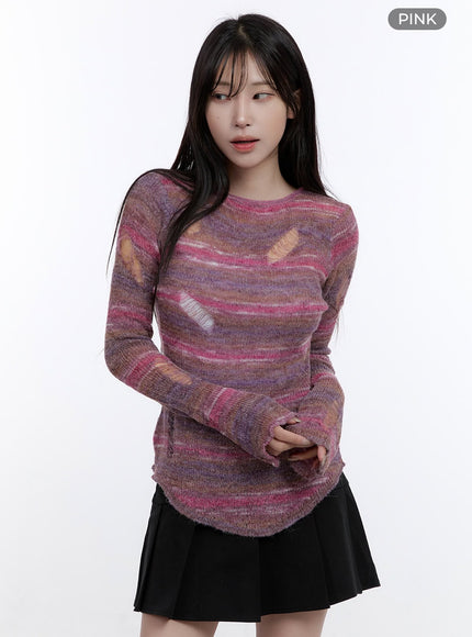 stripe-destroyed-long-sleeve-knit-top-co419 / Pink