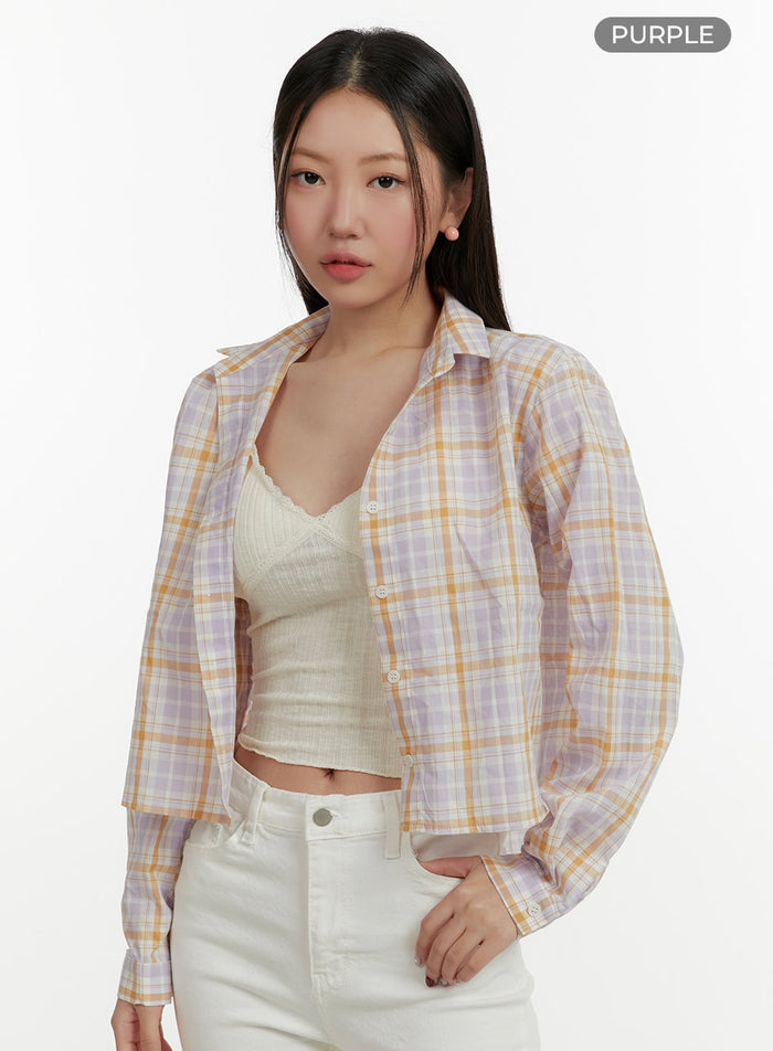 collar-plaid-cropped-blouse-oy413 / Purple