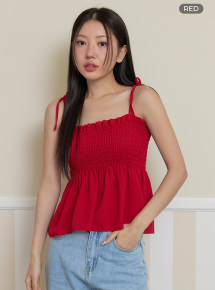 smocked-ribbon-strap-sleeveless-top-oy424 / Red