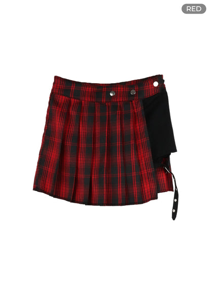 button-unbalanced-pleated-mini-skirt-om426 / Red