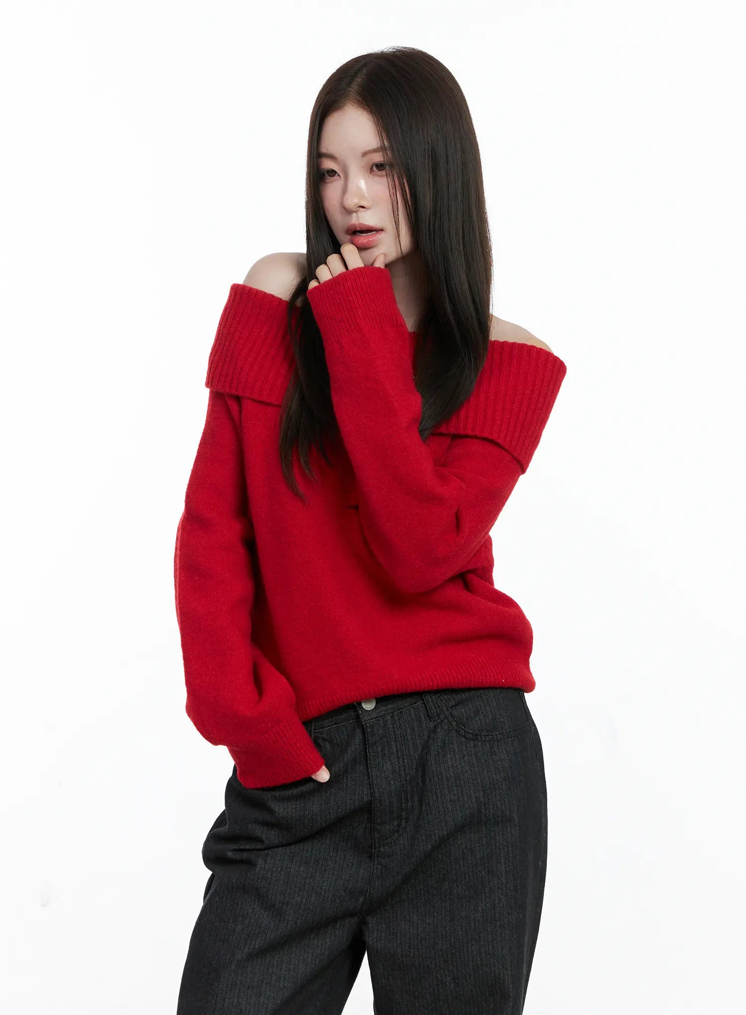 off-shoulder-knit-long-sleeve-top-co506 / Red