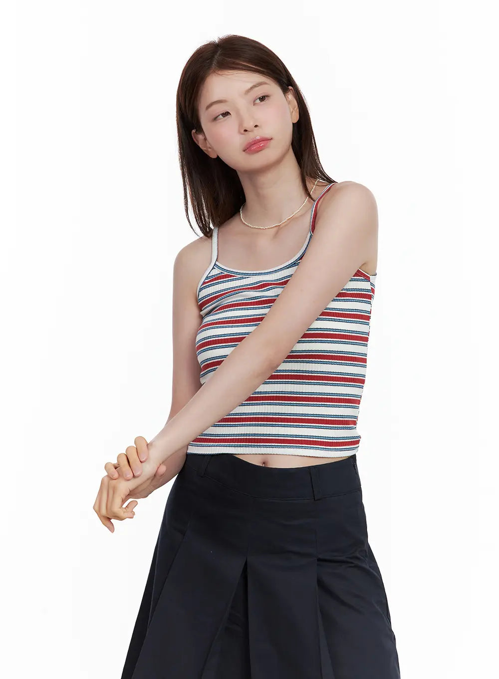multi-colored-striped-ribbed-tank / Red