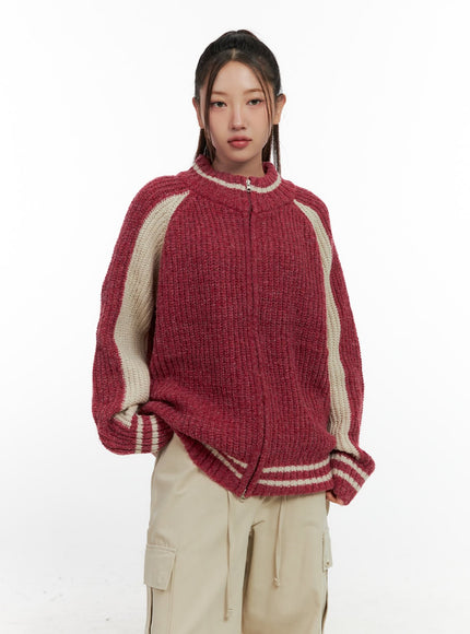 two-tone-zip-up-knit-sweater-cn412 / Red