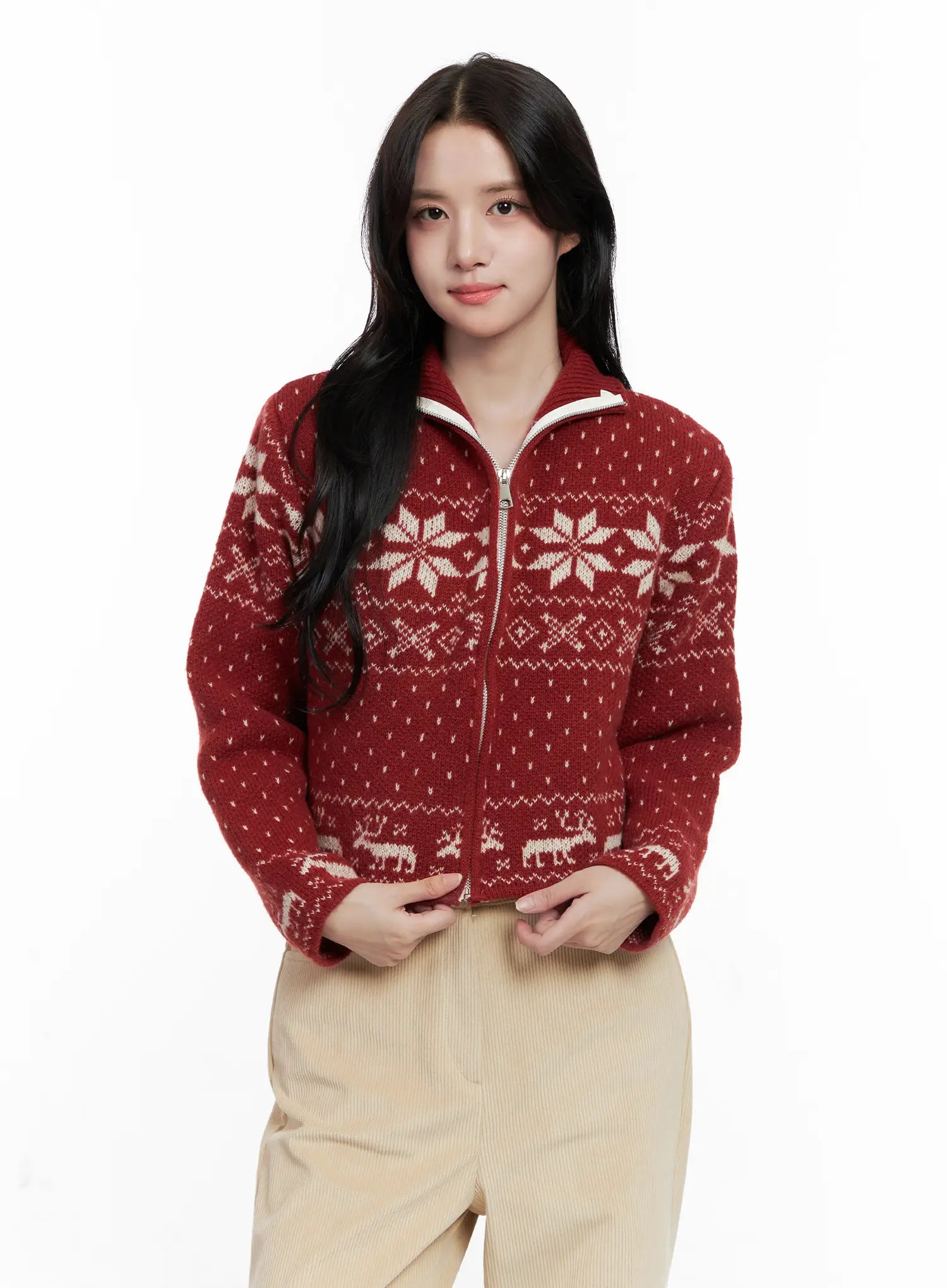 nordic-zip-up-knit-cardigan-co524 / Red
