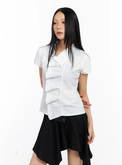 asymmetric-collar-button-down-blouse-cl530 / White