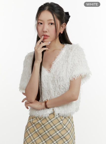 faux-fur-v-neck-cardigan-oy413 / White