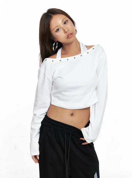 eyelet-off-shoulder-long-sleeve-crop-top-co510 / White
