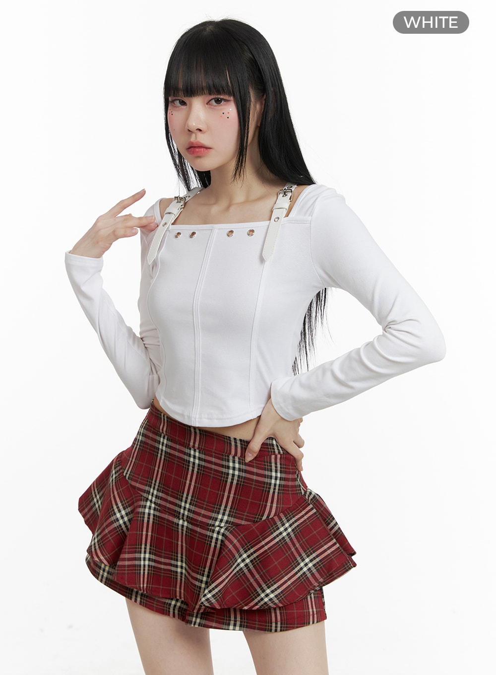 solid-buckle-cropped-long-sleeve-om426 / White