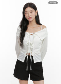 off-shoulder-ribbon-detail-cardigan-os423 / White