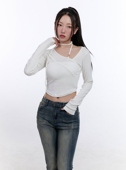 strappy-long-sleeve-halter-crop-top-cj513 / White