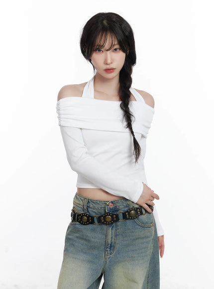 halter-shirred-off-shoulder-top-cj526 / White