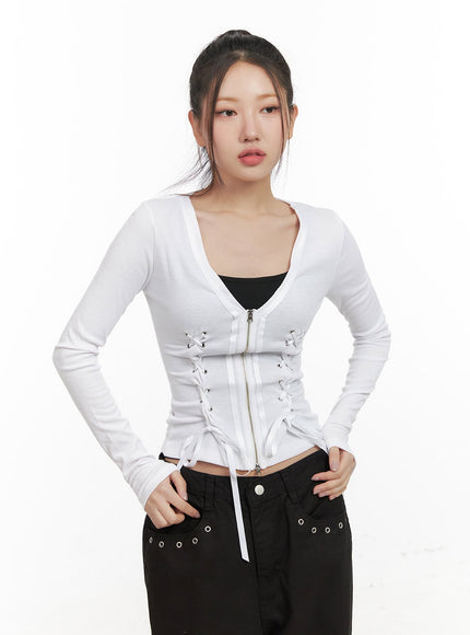 eyelet-lace-up-long-sleeve-cardigan-cd416 / White