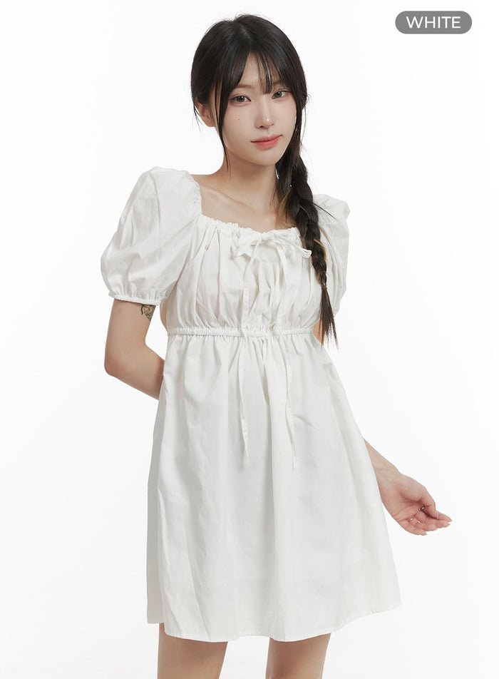 puff-sleeve-shirred-mini-dress-oa426 / White