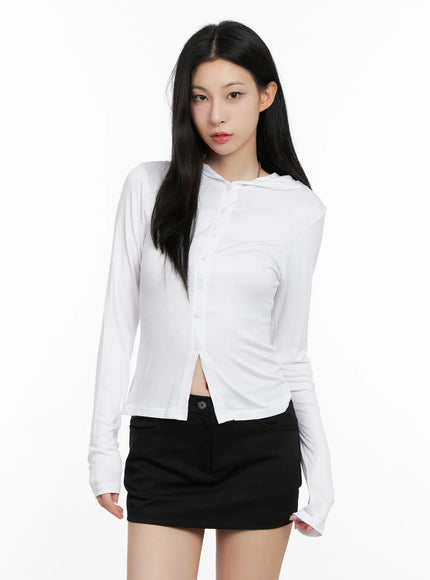 slim-fit-button-up-hoodie-cg526 / White