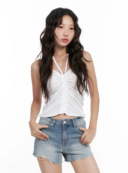 shirred-cropped-halter-tank-cl521 / White