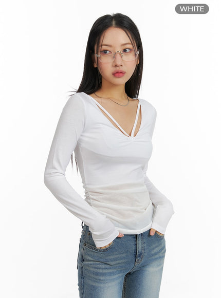 slim-fit-shirred-v-neck-long-sleeve-cm411 / White