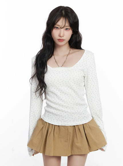floral-print-u-neck-long-sleeve-top-cj526 / White
