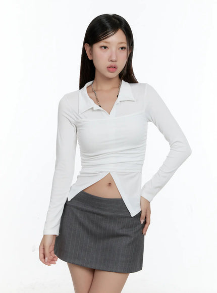 layered-collar-shirred-long-sleeve-top-cs518 / White