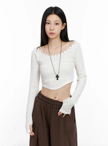 cropped-eyelet-long-sleeve-top-cg525 / White