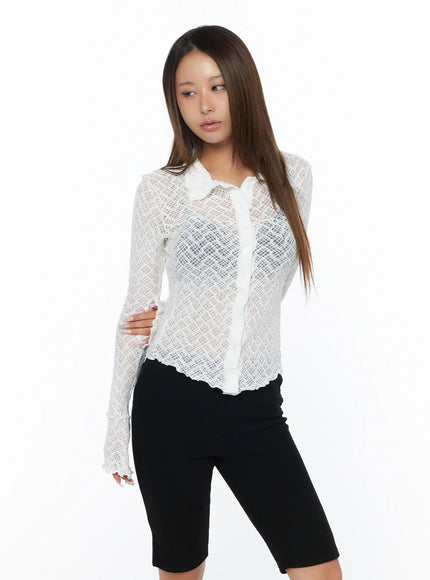 sheer-lace-long-sleeve-button-down-blouse-ca516 / White
