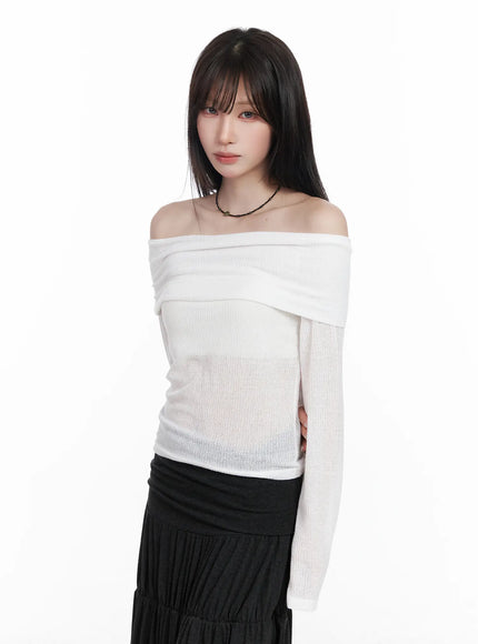 ribbed-off-shoulder-long-sleeve-top-cf523 / White