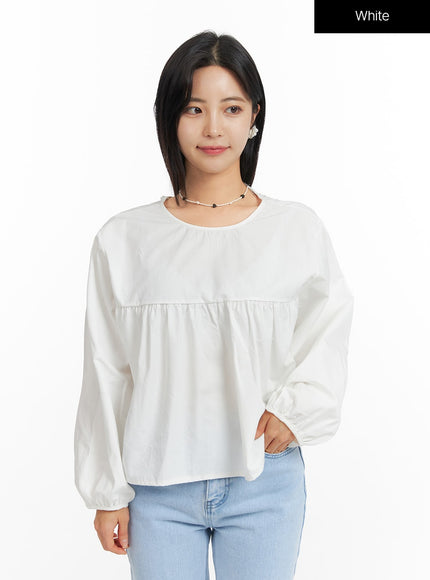 solid-round-neck-long-sleeve-blouse-of420 / White