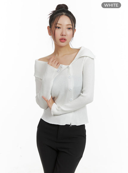 open-collar-buttoned-knit-top-om428 / White